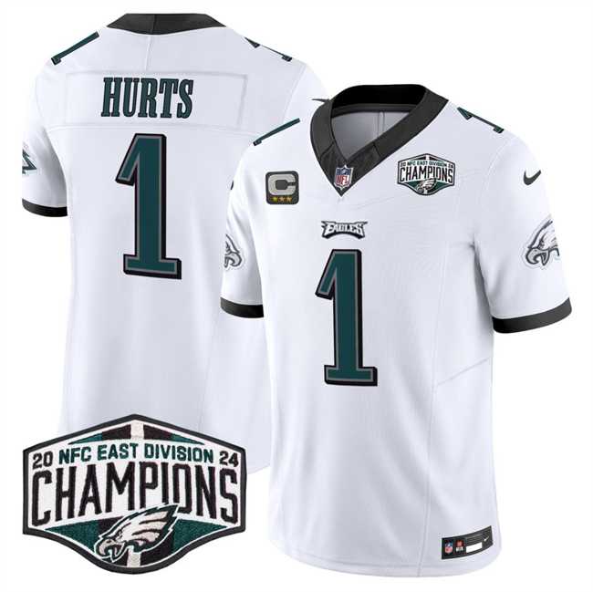 Mens Philadelphia Eagles #1 Jalen Hurts White 2024 NFC East Champions With 3-Star C Patch F.U.S.E. Vapor Untouchable Limited Stitched Jersey